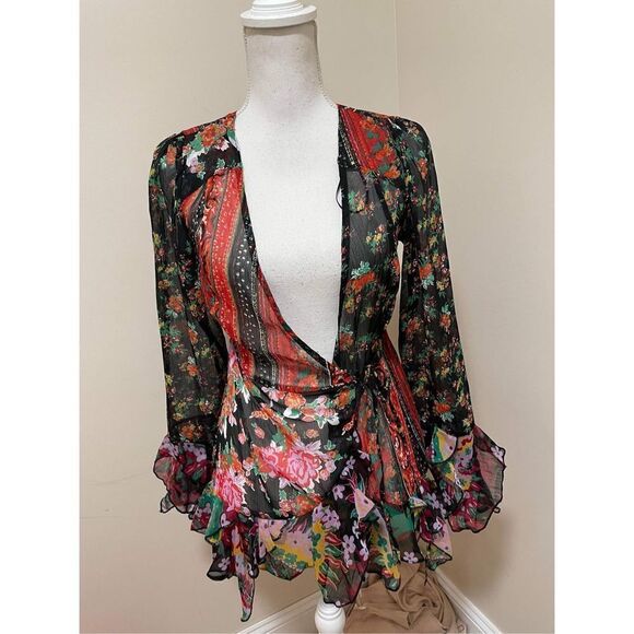 New Free People Magic Hour Wrap Top in Black Combo Size XS.. - Picture 5 of 9